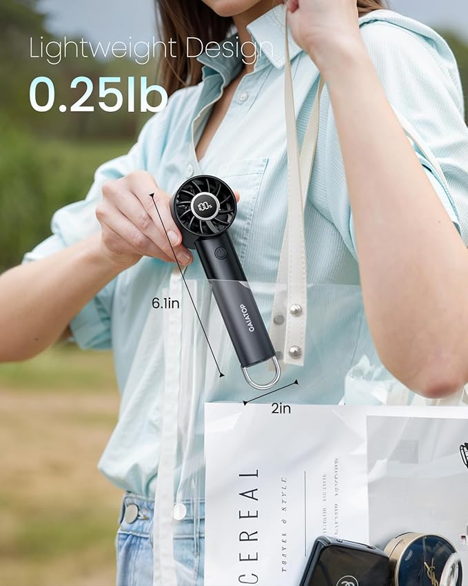Gaiatop Portable Mini Fan, 3 Speed Handheld Fans with Power Display Flashlight, USB Rechargeable Battery, Lightweight Personal Cooling for Women Men Indoor Outdoor Travel Black