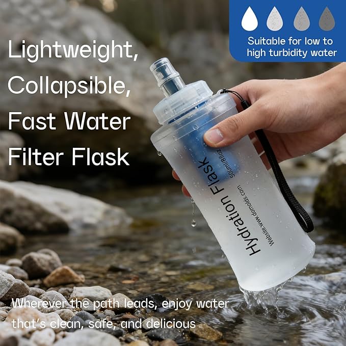GUYI 500ml Collapsible Water Filter Bottle, Removes Impurities, BPA Free, Ultralight for Hiking, Camping, Cycling & Travel-White