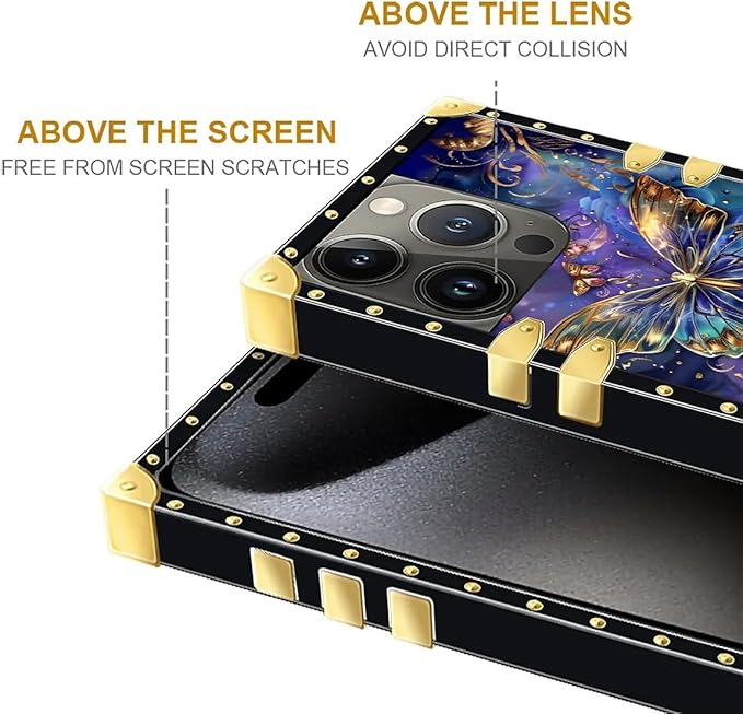 Compatible with iPhone 16 Pro Max Case, Glistening Golden Butterfly Vibrant Purple Blue Luxury Golden Decoration for Girl Women Soft TPU Shockproof Protective PC Back