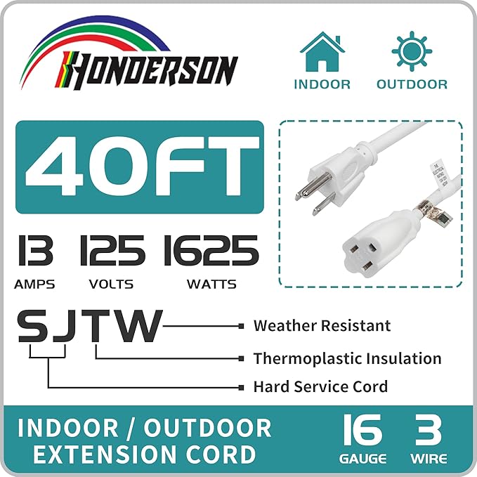 Indoor Outdoor Extension Cord Weatherproof, UL Listed, 16 Gauge 40FT White 3 Prong Heavy Duty, 16/3 SJTW 13A Power Cord for Outdoor Lights, Appliances, Lawn