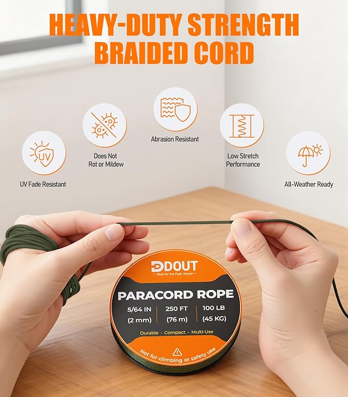 DDOUT 2mm Paracord 100lb, Thin Micro Paracord Rope, Green 250FT Nylon Cord for Crafting, DIY Projects, Fishing, Camping & Outdoor