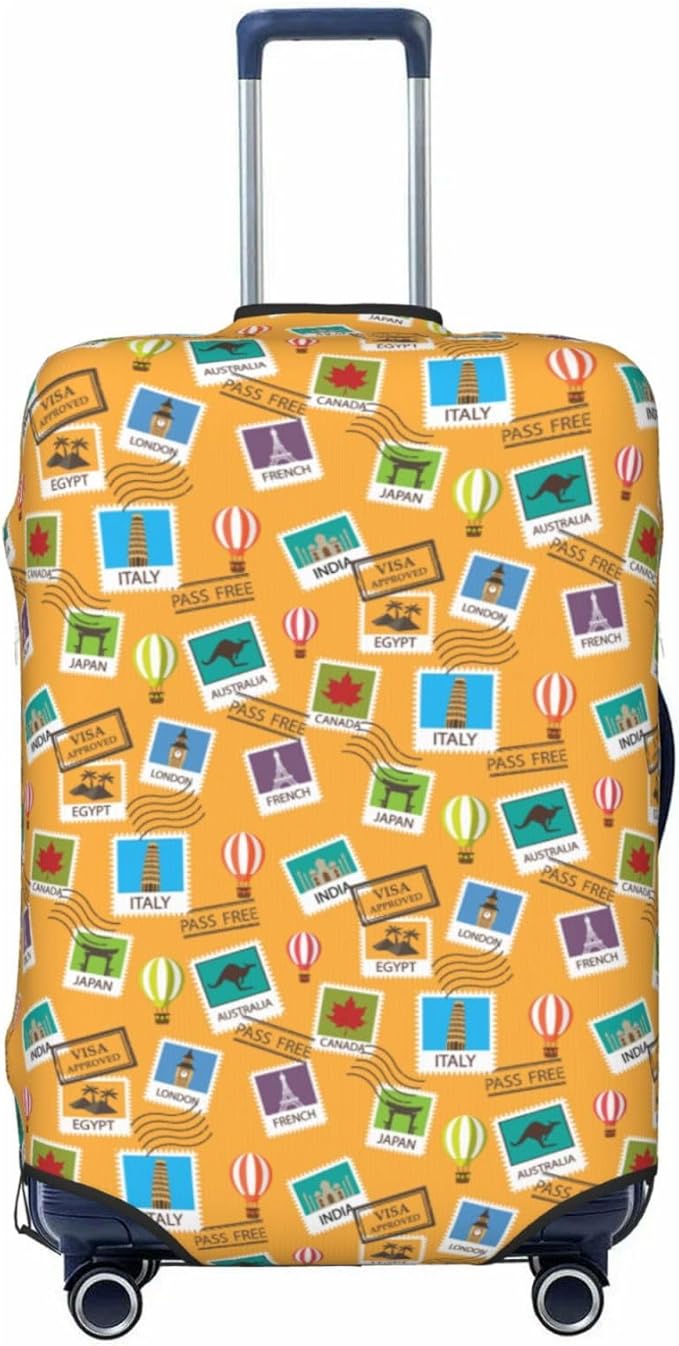 World Map & Stamps Print Elastic Luggage Cover, Suitcase Protector For Travel (Fits 22-24 Inch Luggage)