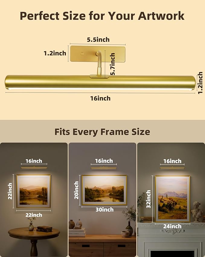 EZVALO 16" Picture Lights for Wall, Rechargeable 6000mAh Painting Lights with Remote, Wireless Dimmable 3 Color Temperatures Art Lights for Gallery, Living Room, Hallway (Gold, 3 Pack)