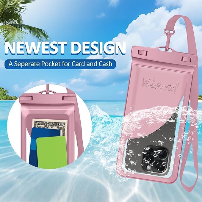 Waterproof Phone Pouch,with Inside Card Bag, Large Waterproof Case for iPhone 17 16 15 14 Pro Max,IPX8 Certified and Lightweight Cellphone Dry Bag Beach Cruise Ship Essential, 1 Pack-Pink-8.3″