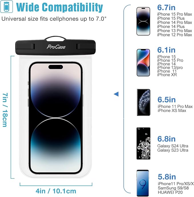 ProCase 6 Pack Waterproof Phone Pouch Dry Bag Underwater Case for iPhone 16 15 14 13 12 11 Pro Plus Max Mini Xs XR X 8 7, Galaxy S23 S22 S21 Ultra Note up to 7" -Black