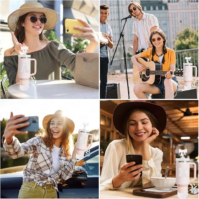 6PCS White Stanley Cup Accessories Set Fit for Stanley Cup 30oz 40oz. Including Handle Charm, Personalized Initial Sticker, Straw Topper, Sparkly Silicone Boot, Spill Proof Stopper (Letter-N)