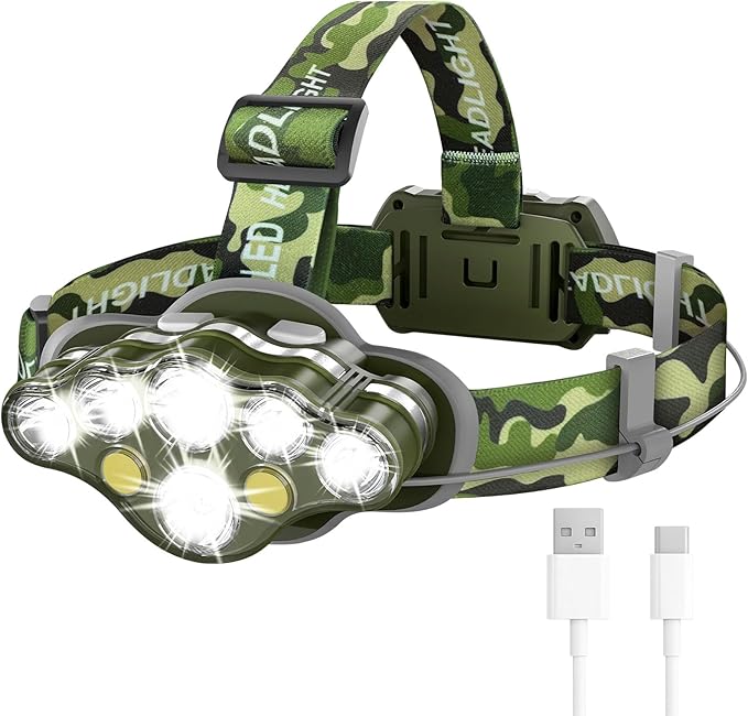 MIOISY Headlamp Rechargeable, 8 LED Super Bright Head Lamp with White Red Light, IPX4 Waterproof Head Lights for Forehead, 8 Modes Headlight Flashlight for Outdoor Hiking Running Camping