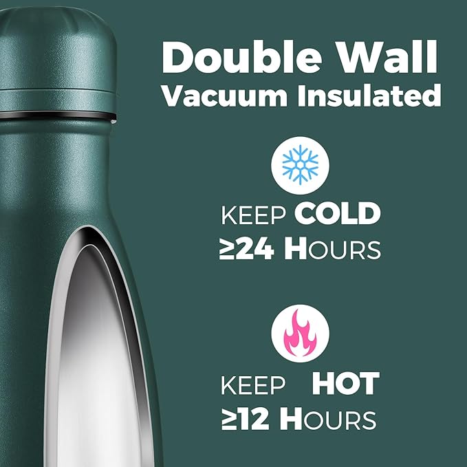 Volhoply 17oz Insulated Stainless Steel Water Bottle, Double Wall Vacuum Flask, Keeps Cold 24h & Hot 12h, Available in Packs of 1, 4, or 8（Army Green,1 Pack）