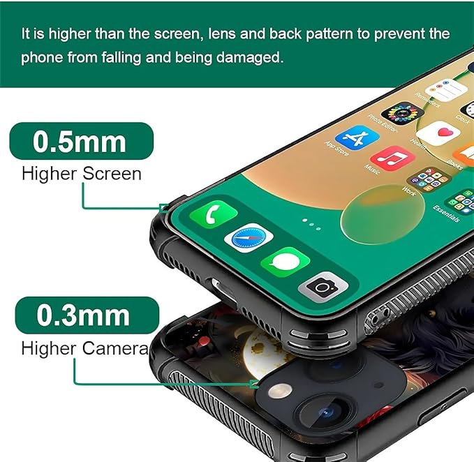for iPhone 13 Mini Case, Black White Wolf Moon Flower Rose Pattern Made of Soft Silicone Hard Acrylic Shock Protection for iPhone 13 Mini