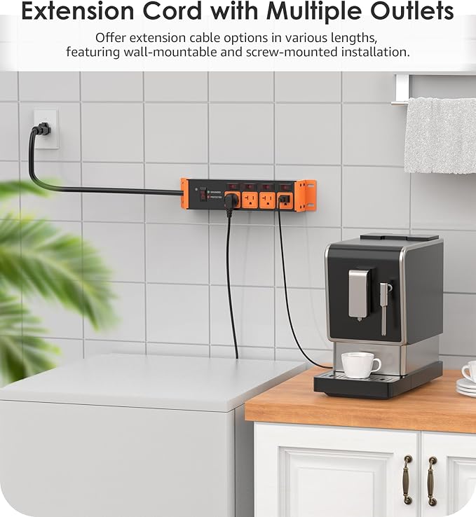 CCCEI Heavy Duty Surge Protector Power Strip 20 Amp Individual Switches. 6FT 12 Gauge Extension Cord with Multiple Outlets. Kitchen, Garage, Shop, Industrial Wall Mount Electric Extender, Orange.