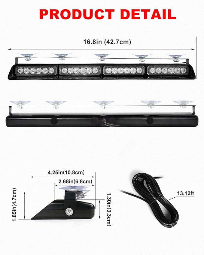 HLauto 6Z4J Emergency Dash Strobe Lights: 2x16.8 inch Red Blue Safety Lights, 48 LED Flashing Warning Hazard Interior Windshield Visor Traffic Light Bar for Trucks, Construction Vehicles