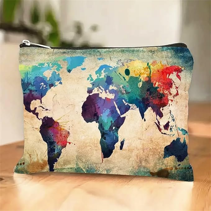Trendy World Map Canvas Pouch - Spacious Zippered Cosmetic Bag for Travel, Makeup & More - Durable, Multifunctional Coin Purse (F0189)