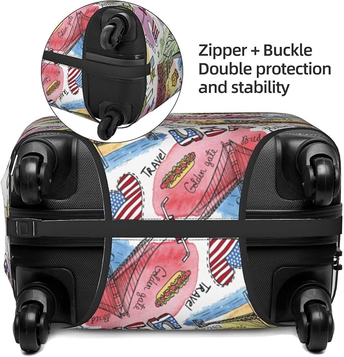 USA Landmarks Print Elastic Luggage Cover, Suitcase Protector For Travel (Fits 22-24 Inch Luggage)