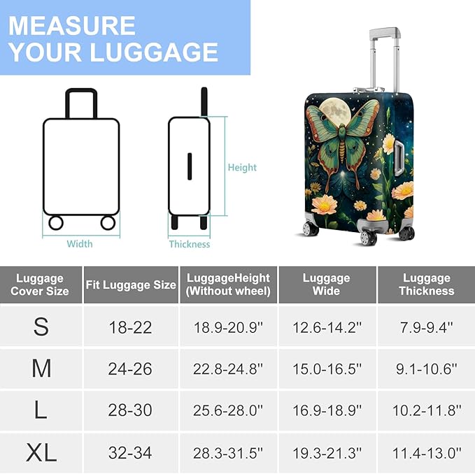 Moonlit Butterfly Flower MothTravel Luggage Cover -Stretchable Airplane Suitcase Protector Sleeve,Universal Washable Fit for 20-26 Inch Checked Baggage,Water Resistant Durable Luggage Protector