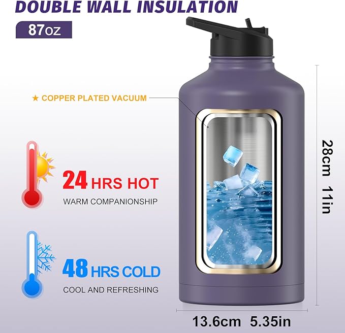 87oz Insulated Water Bottle (Cold for 48 Hrs),BPA Free&Leak Proof,1.5 Gallon Stainless Steel Water Flask,Water Jug with Straw Spout Lids for Gym,Hiking,Camping,Purple