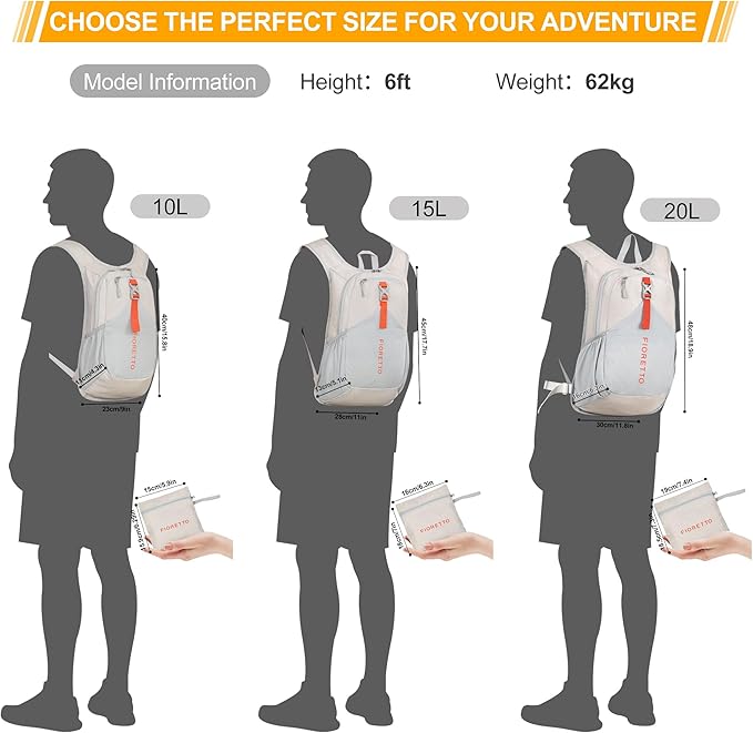 FIORETTO 15L Hiking Backpack for Women Men Mini Packable Backpack Lightweight Small Daypack for Camping Travel Outdoor, Beige