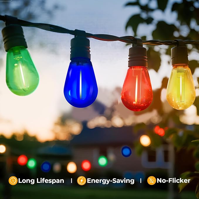 GvvooHome 24 Pack S14 Colored LED String Light Bulbs, 1W Plastic Shatterproof Replacement Bulbs for Outdoor Patio Backyard Lights, E26 Medium Base, Warm White 2200K, Dimmable, Red/Green/Blue/Orange