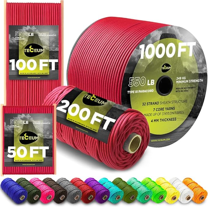 TECEUM Reflective Paracord Rope 1000 – 1000ft/200ft/100ft/50ft – 40+ Colors – Glow in The Dark – para Cord – Utility Rope for Survival, Hunting & Camping Gear – Nylon String, Camping Rope, Tent Cord