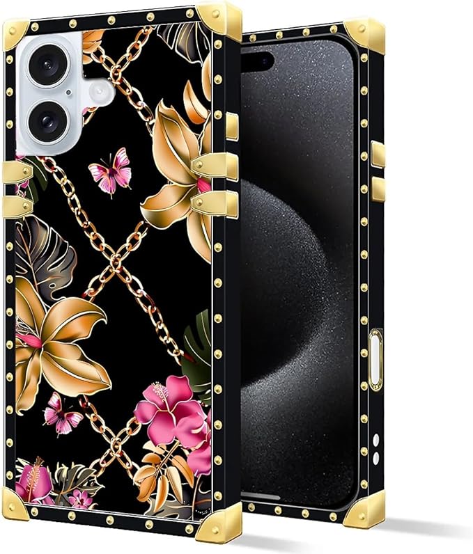 Compatible with iPhone 16 Case, Pink Golden Chain Tropical Flower Luxury Golden Decoration for Girl Women Soft TPU Shockproof Protective Hard PC Back