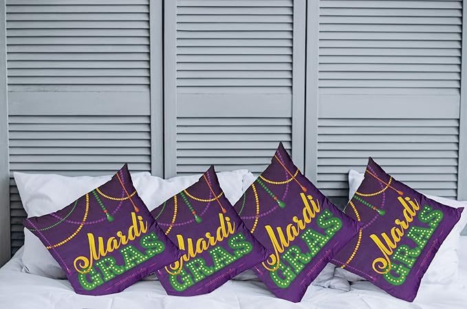 Ambesonne Mardi Gras Throw Pillow Cushion Case Pack of 4, Beads and Tassels Masquerade Theme Calligraphy Design Fun Print, Modern Accent Double-Sided Digital Printing, 16", Purple Marigold
