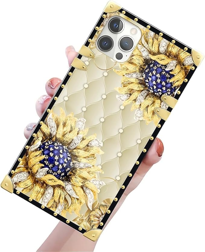 Compatible with iPhone 12 12 Pro Case, Sunflower Diamonds Leather Luxury Golden Decoration for Girl Women Soft TPU Shockproof Protective Hard PC Back for iPhone 12 12 Pro