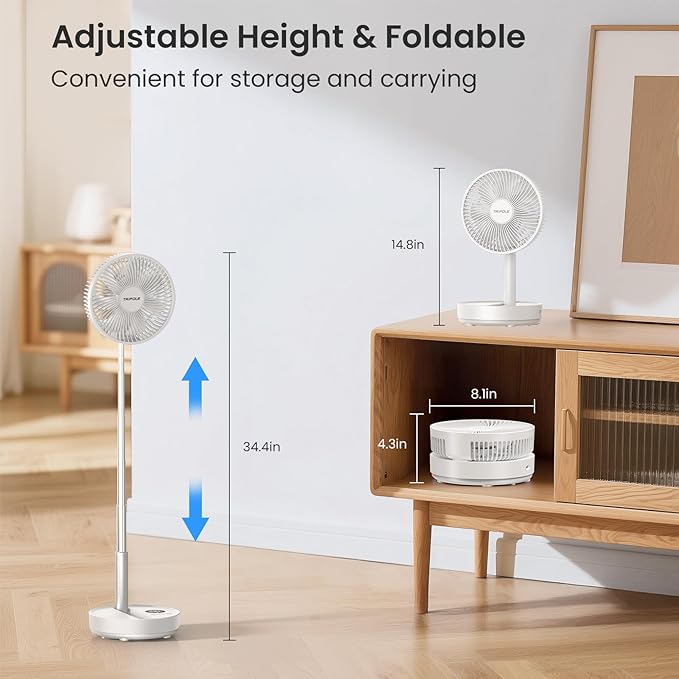 TriPole Portable Standing Fan, 8000mAh Rechargeable Oscillating Fan with Remote, 8.1'' Quiet Pedestal Floor Fan with LED Display & Timer, Foldable Small Desk Fans for Bedroom, Office, Camping, Travel
