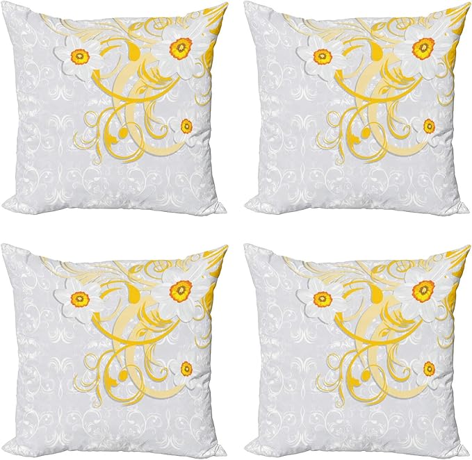 Ambesonne Daffodil Throw Pillow Cushion Case Pack of 4, Daffodils on Ornate Background Floral Repeating Swirling Curves Spring Pattern, Modern Accent Double-Sided Digital Printing, 16", Grey Yellow