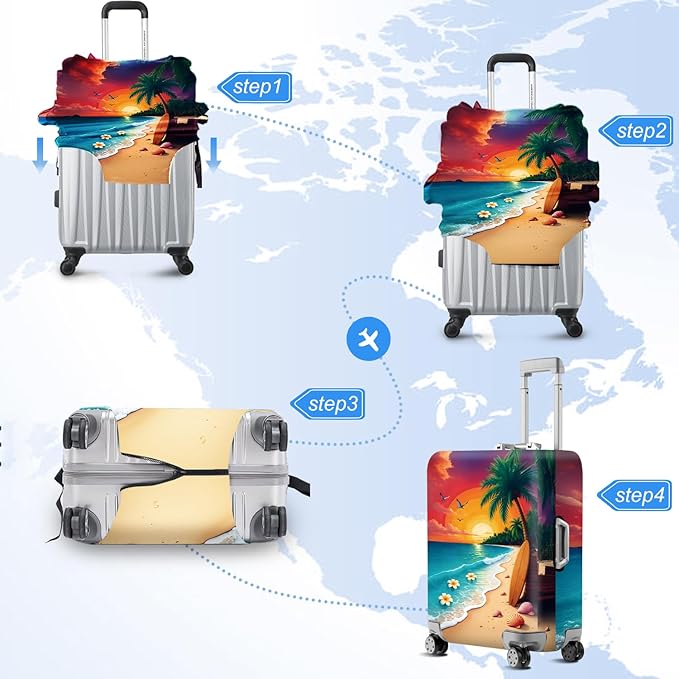 ANNA QUEEN Tropical Sunset Beach Luggage Cover,Stretchable Suitcase Protector Sleeve,Fit for 20-22 Inch Checked Baggage,Water Resistant & Durable Luggage Protector