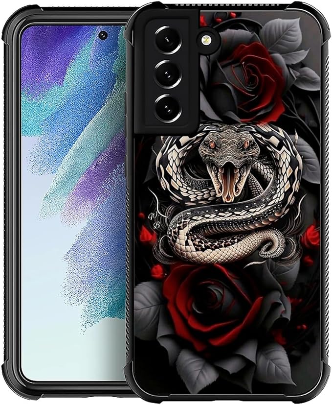 for Samsung Galaxy S21 FE Case, Entwined Rose Snake Pattern Graphic Design Girl Boy Soft Silicone Hard Acrylic Shock Protection for Samsung Galaxy S21 FE