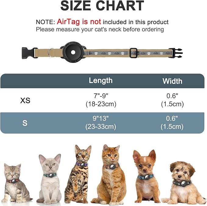 Reflective AirTag Cat Collar, Integrated Cat Tracker Collar with Air Tag Holder and Bell, Safety Elastic Band Cat GPS Collars for Girl Boy Cats, Kittens and Puppies (Khaki,S)