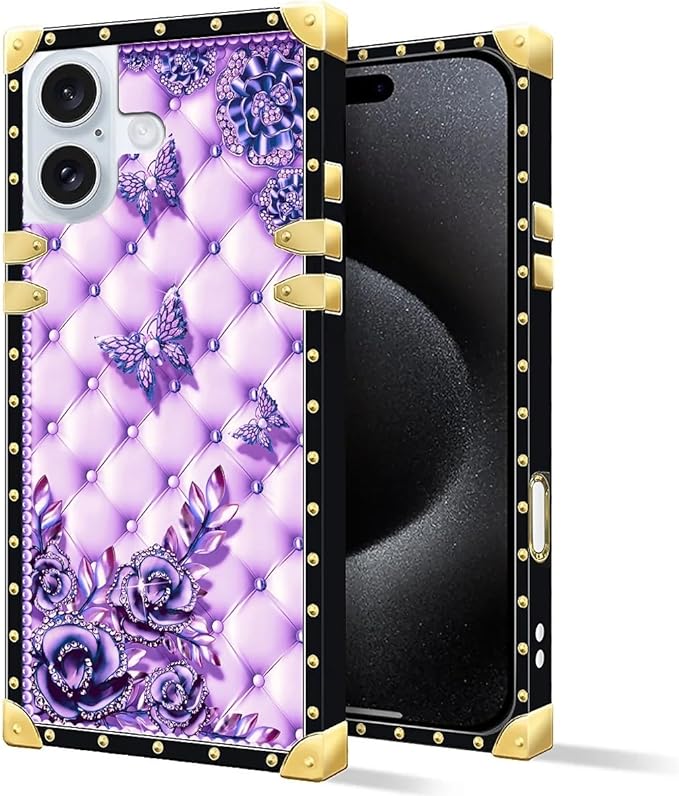 Compatible with iPhone 16 Case, Purple Butterfly Flowers Leaf Luxury Golden Decoration for Girl Women Soft TPU Shockproof Protective Hard PC Back
