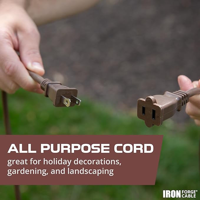 Iron Forge Cable 2 Prong Outdoor Extension Cord 10 ft, 16/2 SJTW 10 Foot Brown Extension Cord, Weatherproof - Great for Outdoor Lights, Deck, Patio