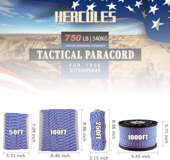 HERCULES 750lb Paracord 4mm 11 Strands Tactical Parachute Cord, 50' 100' 250' 1000' Utility Rope for Camping, Survival, Outdoor Gear (Pink Blue Plaid, 100FT)
