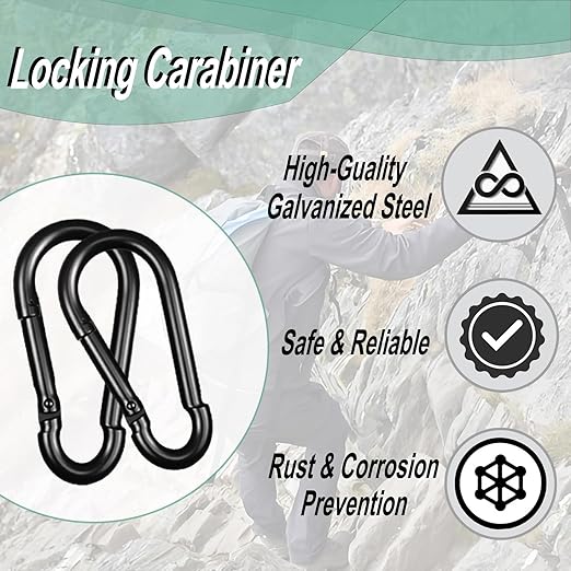 Black Carabiner, Heavy Duty Galvanized Steel Spring Snap Hook Carabiner Clips with 550LBS Holding Capacity, Ideal for Outdoor, Hammock, Swing and Travel (12PCS M8 3Inch)
