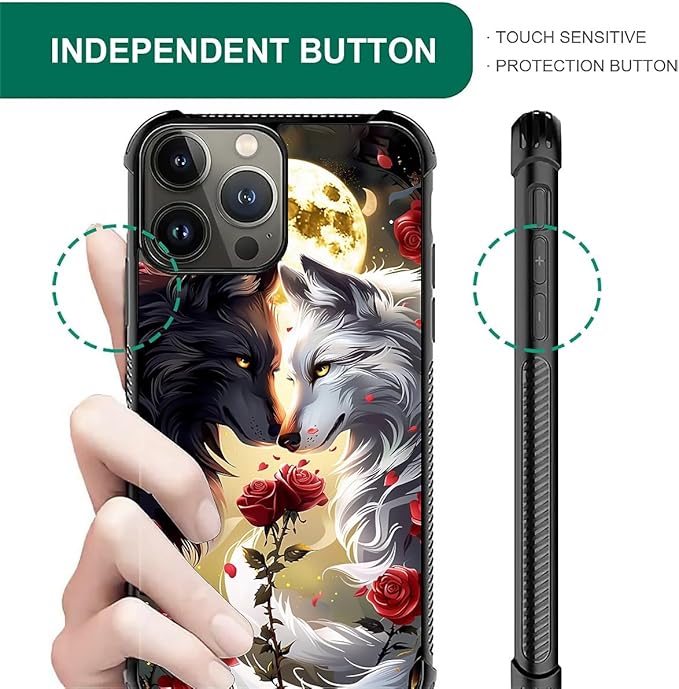 for iPhone 15 Pro Max Case, Black White Wolf Moon Flower Rose Pattern Graphic Design Girl Boy Soft Silicone Hard Acrylic Shock Protection for iPhone 15 Pro Max