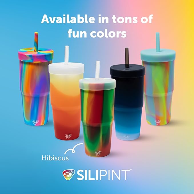 Silicone Straw Tumbler - 32 oz Unbreakable, Non-Toxic, Dishwasher Safe - Pack of 1 Hibiscus