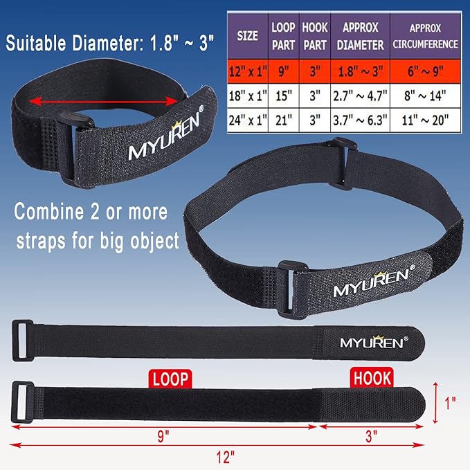 1"x 12"-12 Pack Reusable Fastening Cable Straps with Buckle Adjustable Hook and Loop Securing Strap Multi-Purpose Cinch Strap for Cord Management