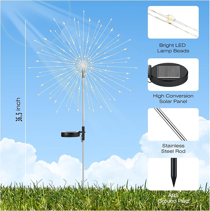 2 Pack 250LED Solar Garden Lights Outdoor, Dual Lighting Modes Firework Lights Solar Powered, Waterproof Twinkle Fairy Light Outside for Yard Patio Pathway Christmas Party Decorative(Blue)