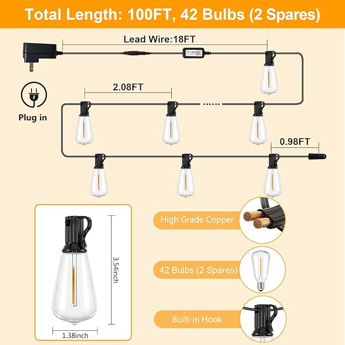 LumBelle Smart Outdoor String Lights, 100FT ST38 LED Patio Lights with Timer Remote APP Control, 42 Shatterproof LED Bulbs (2 Spare), Dimmable Waterproof Hanging Light for Backyard Porch Party Decor