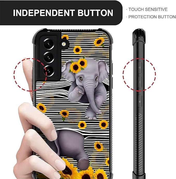 for Samsung Galaxy S21 Case, Cute Little Elephant Sunflower White Line Art Pattern Graphic Design Girl Boy Soft Silicone Hard Acrylic Shock Protection for Samsung Galaxy S21