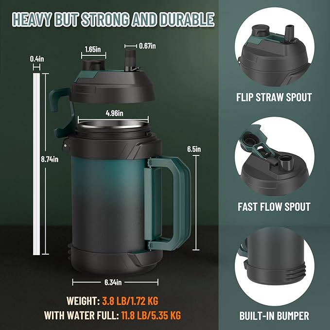 Zukro 1 Gallon Water Jug, One Gallon Large Triple Wall Insulated Metal Jug With Straw and Spout, No Sweat 128 oz Stainless Steel Sport Water Bottle Keeps Cold 48 Hours for Outdoors, Navy Blue