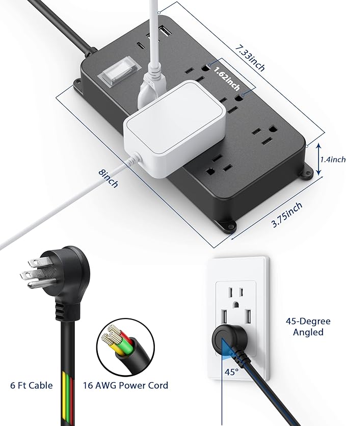 Outdoor Power Strip Weatherproof,20W USB C Port,Waterproof Extension Cord Multiple Outlet Surge Protector,6 Outlets,3 USB Ports,6ft Cord