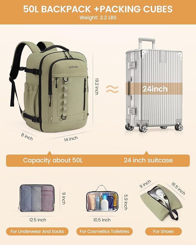LOVEVOOK 50L Travel Backpack for Men Women, Waterproof Carry On Backpack for Work & Travel, Flight Approved Personal Item with 3 Packing Cubes, TSA Bag Fits 17.3" Laptop,Greyish green