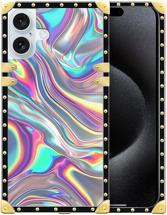 Compatible with iPhone 16 Case, Holographic Abstract Iridescent Textures Luxury Golden Decoration for Girl Women Soft TPU Shockproof Protective Hard PC Back