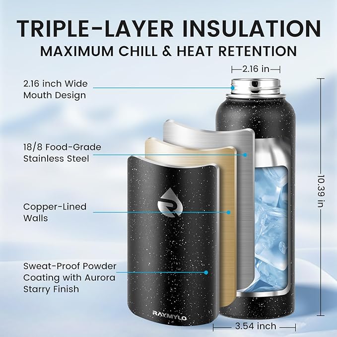 RAYMYLO Insulated Water Bottle 40 oz, Triple Wall Vacuum Stainless Steel (Cold for 36Hrs, Hot for 18Hrs), Leak Proof & Non-BPA, Modern Water Flask Jug with Paracord Handle & Straw Spout Lids