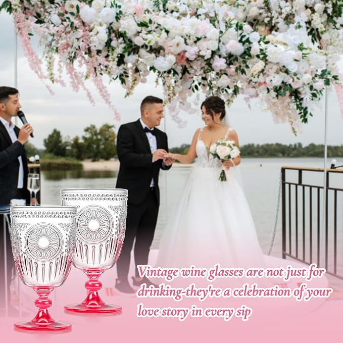 XUWAIDSGN 6Pcs Plastic Vintage Wine Glasses 13.5oz Reusable Embossed Goblet Glasses Pink Gradient Retro Wine Glassware Unbreakable Stemmed Champagne Water Cups for Wine Cocktail Juice Wedding