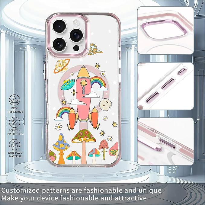 Case for iPhone 16 Pro,[Compatible with MagSafe],Spaceship Mushroom Phone Case Design，for Women Girls Magnetic Clear Cover - Slim, Sleek, & Shockproof Protection