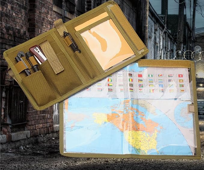 Tactical Map Case Multifunctional Map Pouch with Pen EDC Tool Holder Map Protector Foldable Map Storage Bag with Clear Window for Reading Map while Outdoors or Hiking (Black)