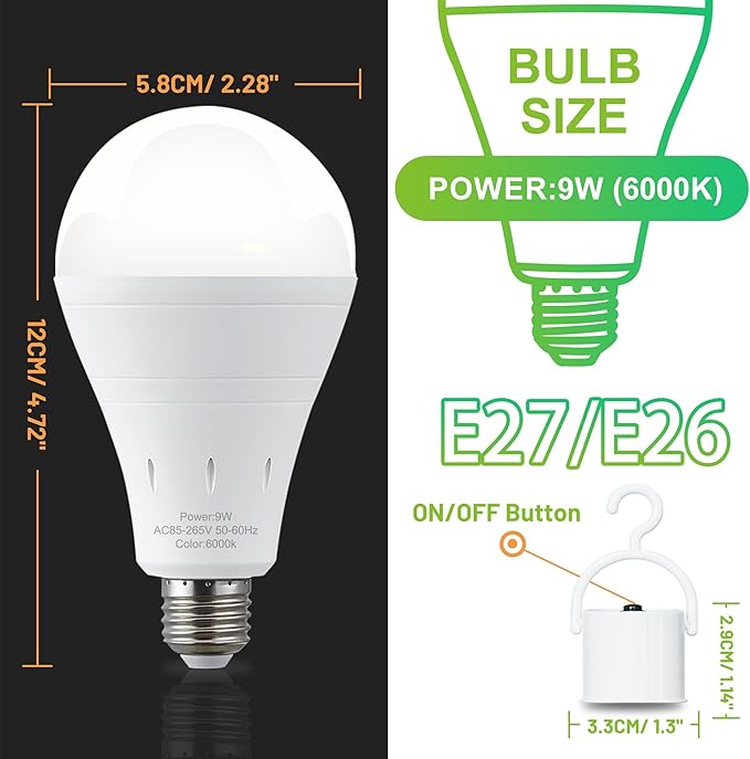 DEBAOBULB 4 Pack Rechargeable Emergency Light Bulbs, Battery Powered LED Light Bulb 6000K Daylight E26 120 Volt 9W 60W Equivalent with 1200mAh for Home Power Outage Camping Hurricane