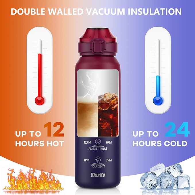 SLUXKE Insulated Water Bottle 32oz with 2Lids(Straw Lid & Spout Lid), 1L Double Walled Water Bottle with Time Marker, 1000ml Stainless Steel Metal Flask for Fitness, Gym and Outdoor RED BLACK
